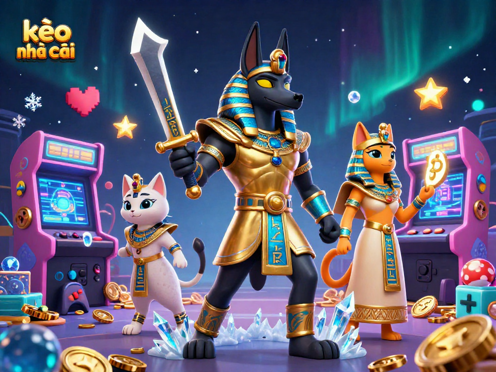Experience the thrill of kèo nhà cái with Anubis and Bastet amidst vibrant casino elements.