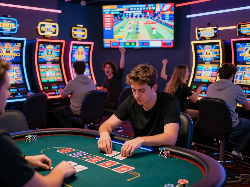 Exciting casino scene highlighting MM88 players engaged in online betting activities with vibrant lighting and digital interactions.