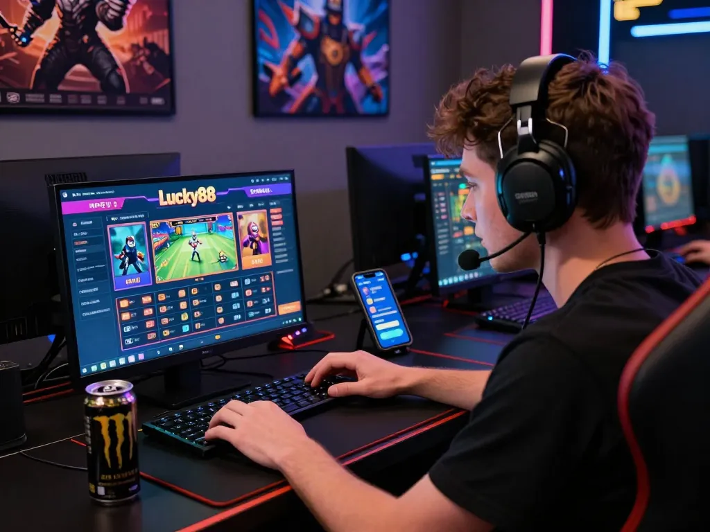Immersive gaming setup showing Link truy cập Lucky88 with vibrant graphics and a user engaged.