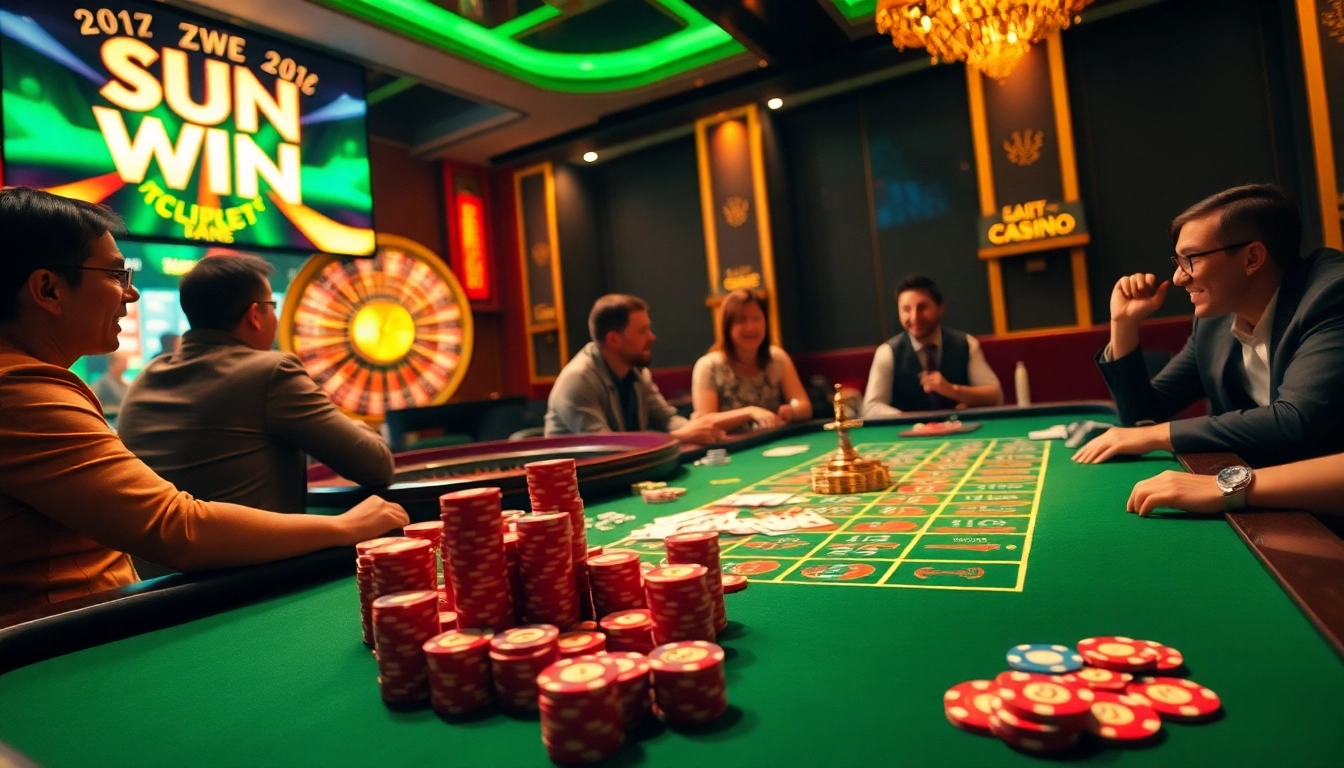 Experience the excitement at a Sun Win casino table filled with colorful chips and vibrant cards.