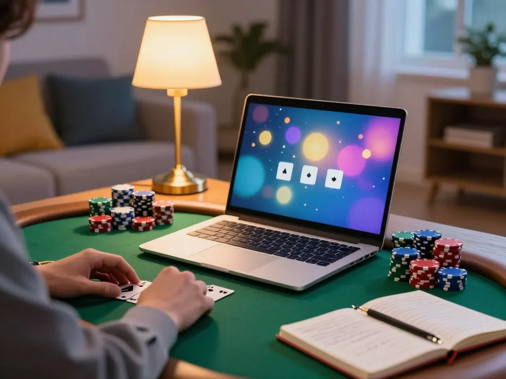 Player strategizing poker moves in online gameplay, showcasing king79 excitement with chips and notes