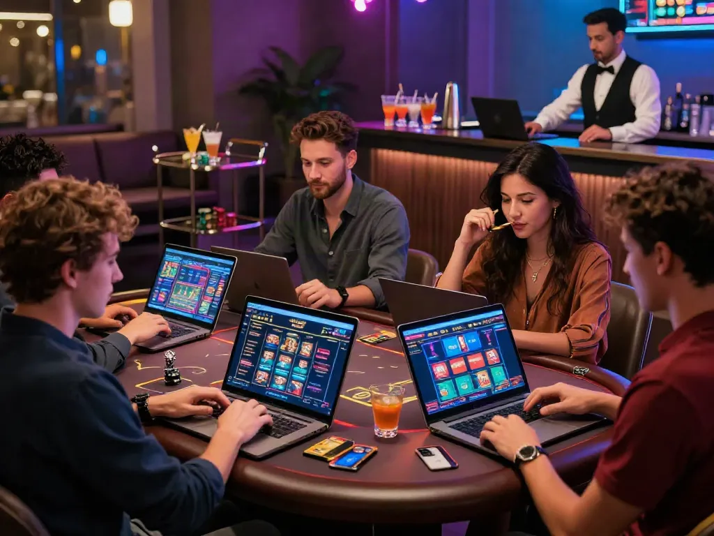 Diverse players enjoying credit card casinos in a modern lounge, engaging with vibrant online casino games on laptops and smartphones.