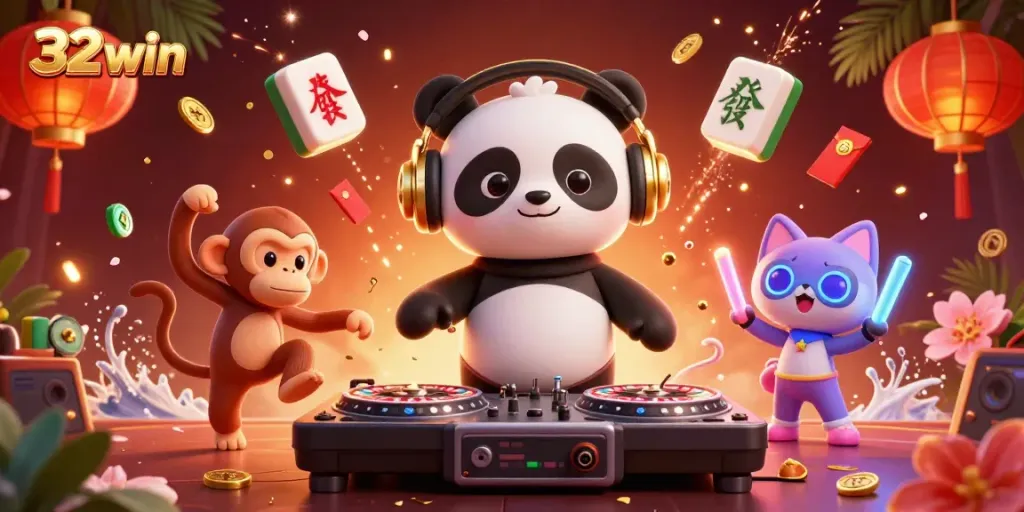 Experience thrilling action at 32win with a lively DJ panda, dancing monkey, and glow-stick kitten in a vibrant casino atmosphere.