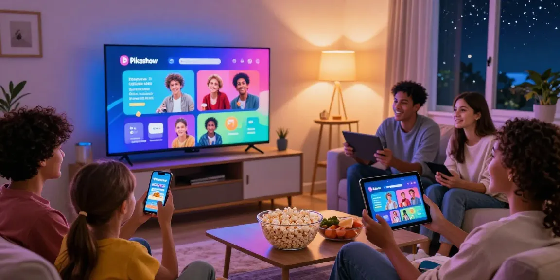 Pikashow APK download on multiple devices as friends enjoy a movie night in a cozy living room.