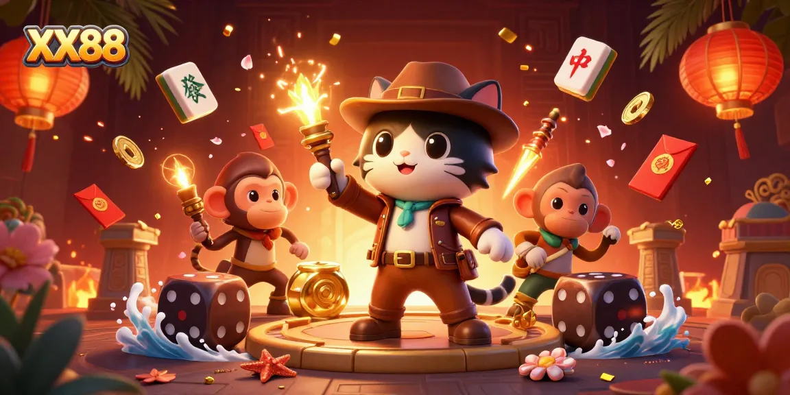 Experience thrilling gaming with XX88 as an archaeologist cat uncovers casino treasures in this vibrant scene.