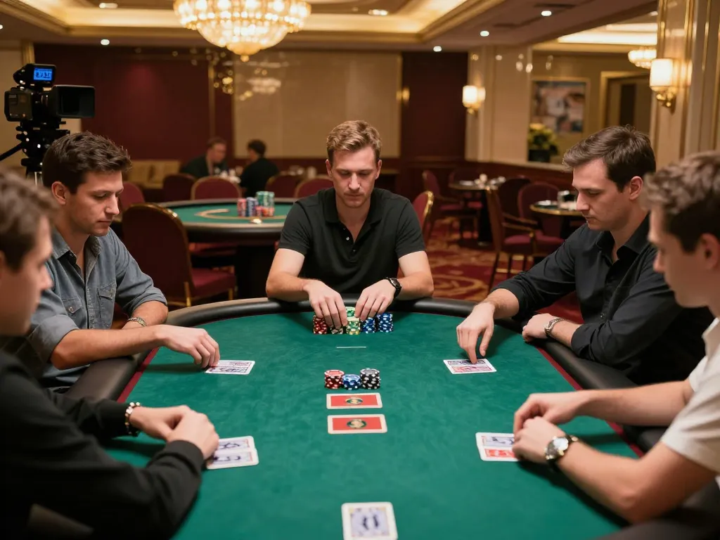 KJC players strategizing their next moves at a high-stakes poker table in a luxurious casino environment