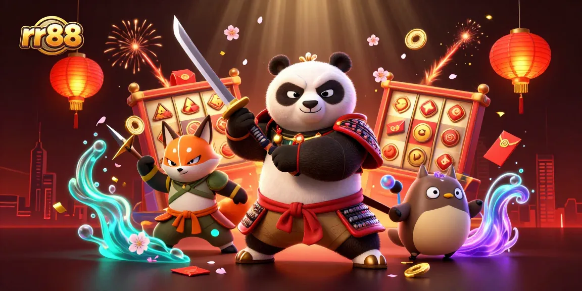 Experience thrilling gameplay at rr88 with a vibrant 3D casino illustration showcasing samurai panda and ninja fox.