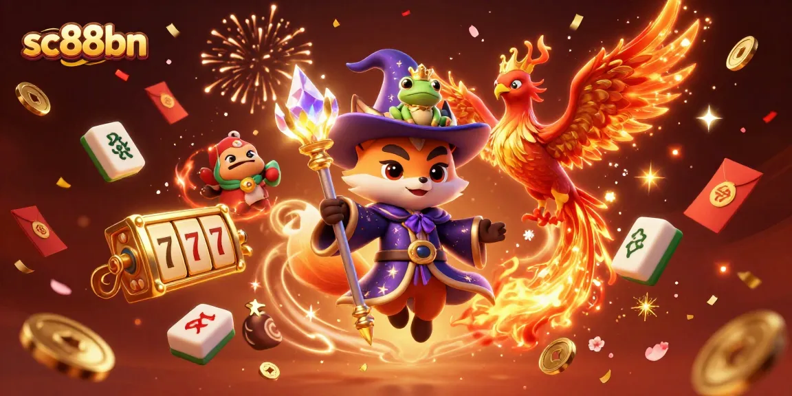 Engage with sc88bn's vibrant gaming world, featuring a wizard fox, phoenix, and rich casino elements.