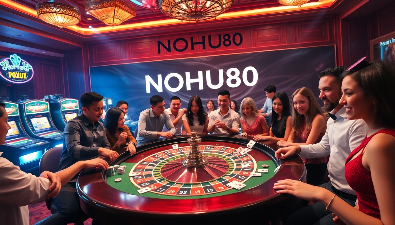 Players enjoying a thrilling game of roulette at NOHU90 casino, surrounded by vibrant colors and excitement.