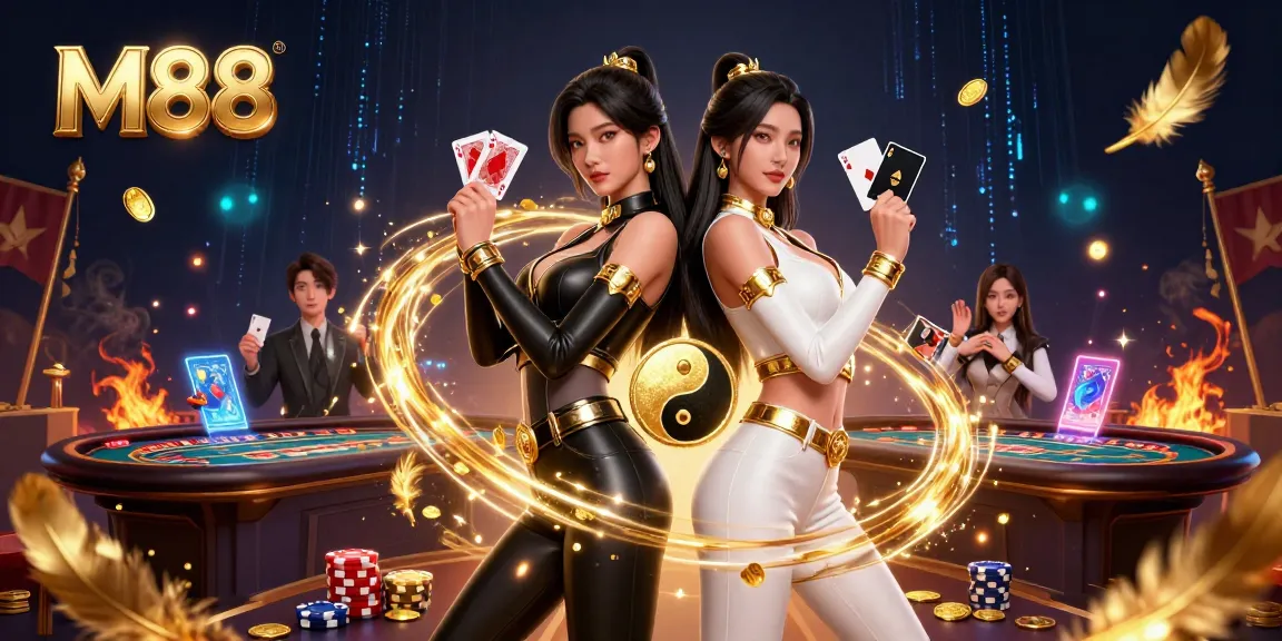 M88 features stunning twin Asian women playing cards in a vibrant casino scene, showcasing dynamic gambling action.