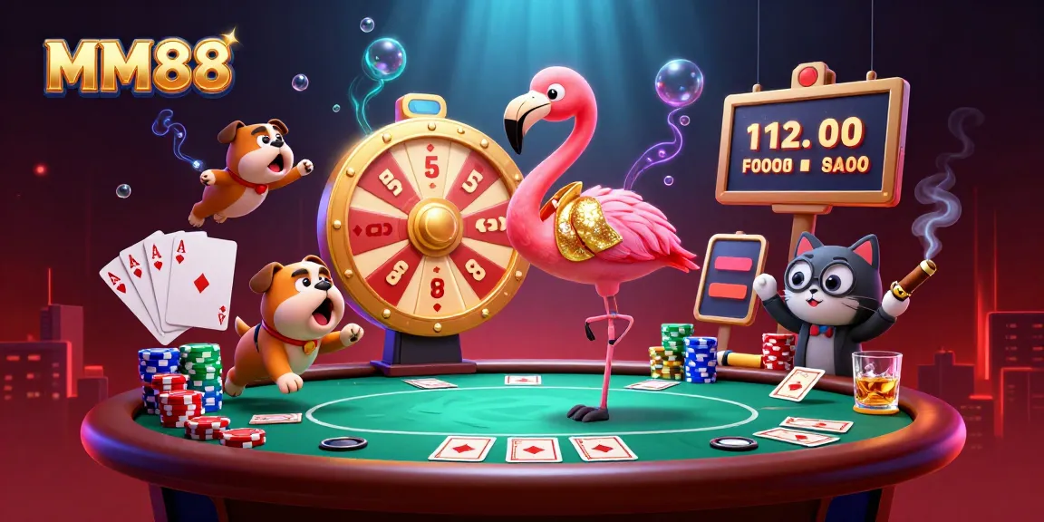 Play exciting games at MM88 with a cartoon flamingo host, engaging bulldog contestant, and vibrant casino elements.