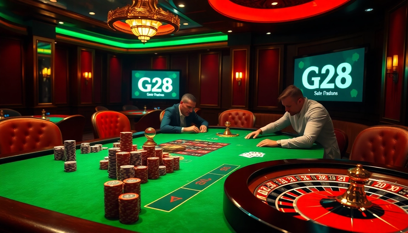 G28 poker players celebrate a big win at a high-stakes table in a luxurious casino setting.