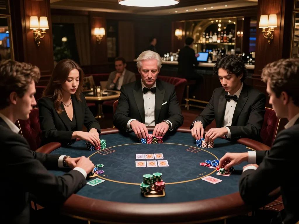 Kuwin poker night with players engaged in a high-stakes game, chips and cards creating a dynamic scene.