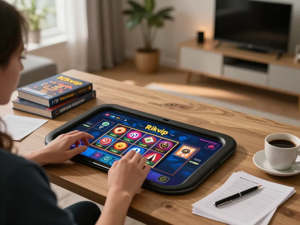 Engaging in Rikvip online gameplay at home with tablet, showcasing vibrant casino interface