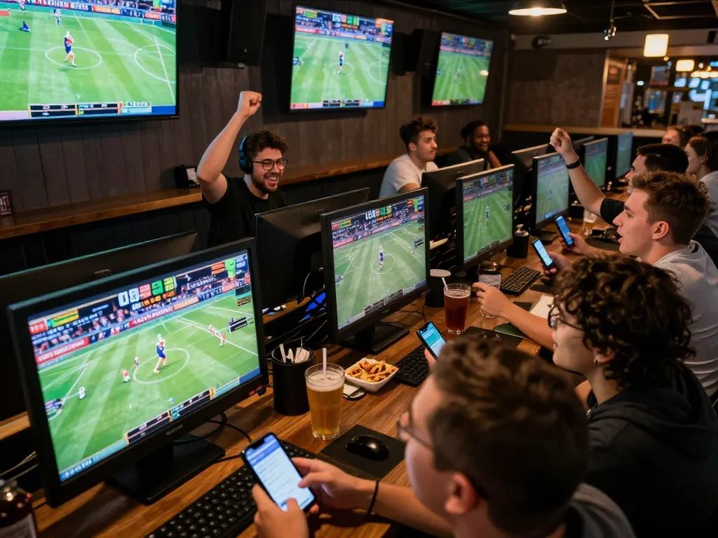 Excited patrons placing bets on mobile devices during a sports betting event at a lively bar showcasing debet.