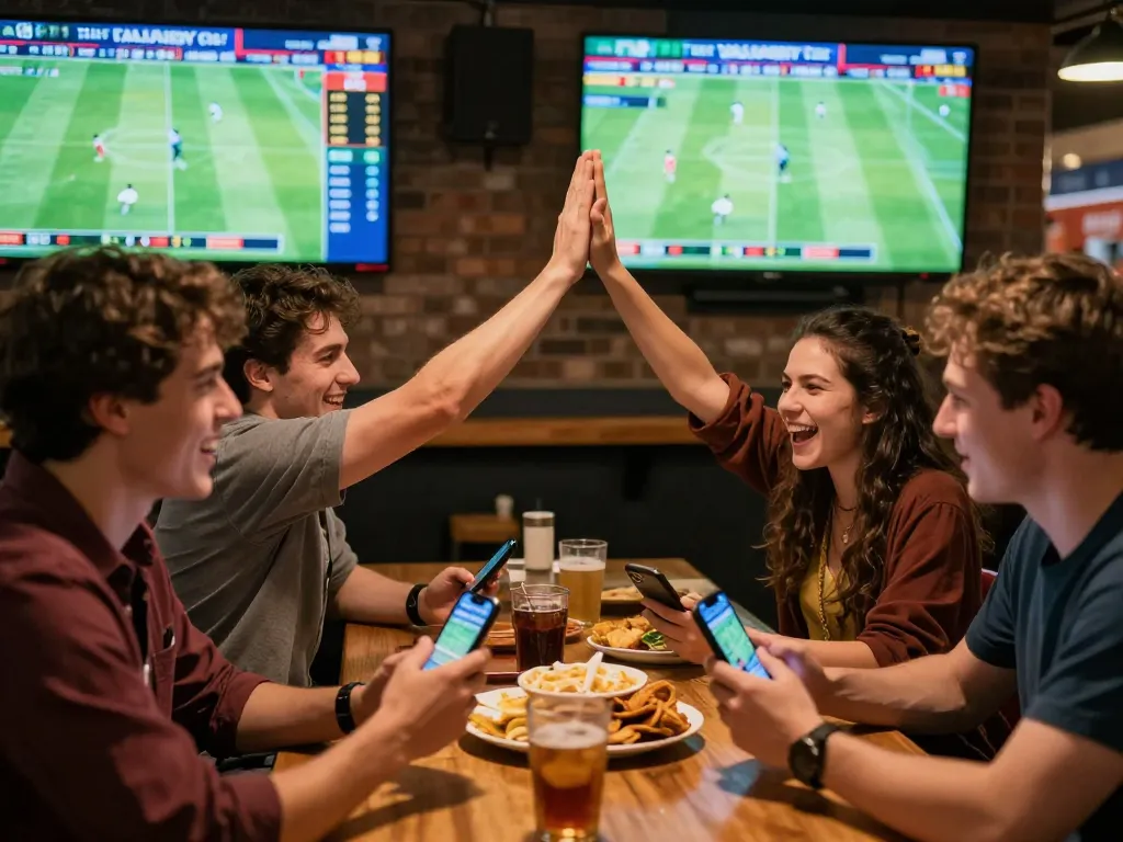 Friends enjoying sports betting excitement with NOWGOAL app in lively sports bar atmosphere