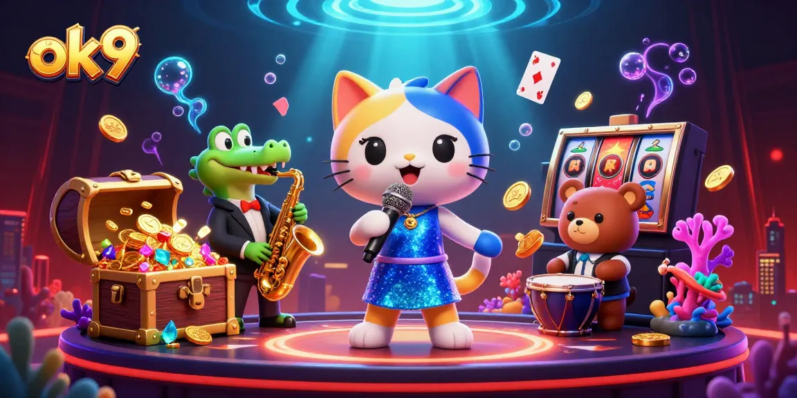 Experience thrilling moments at ok9's vibrant gaming scene featuring lively 3D characters and casino action.
