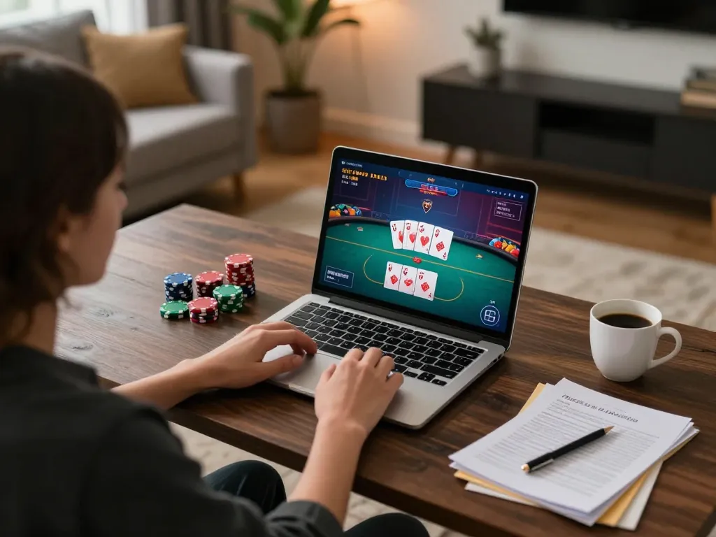 Playing poker online at nhà cái 98win with strategic notes and cozy home setting
