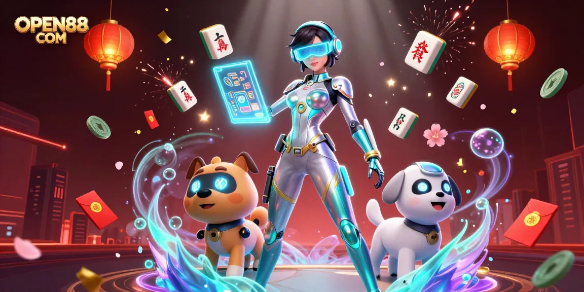 Engage in epic gambling adventures at OPEN88 COM with a vivid 3D casino illustration showcasing futuristic characters and dynamic gaming elements.