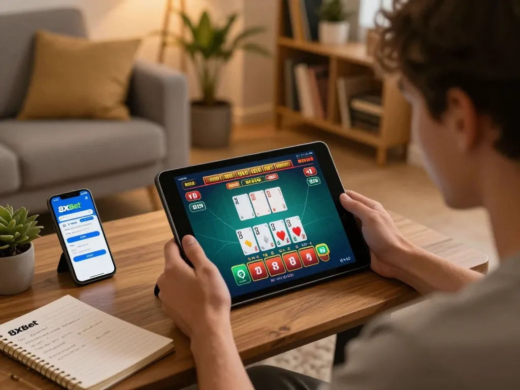 Engaging player on 8xbet app, fully immersed in online casino gaming experience from home