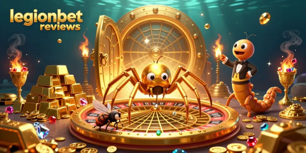 Experience thrilling bets with legionbet reviews, featuring a golden spider and roulette wheel in a rich casino scene.