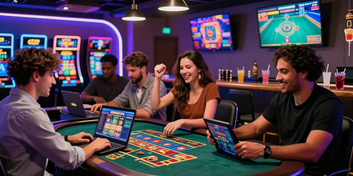 Players engaging at a credit card casino, celebrating wins and strategizing, showcasing vibrant gaming atmosphere.