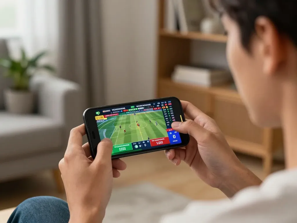 Engaging in sports betting on smartphone at trang chủ sc88, enjoying live match excitement in a stylish home.