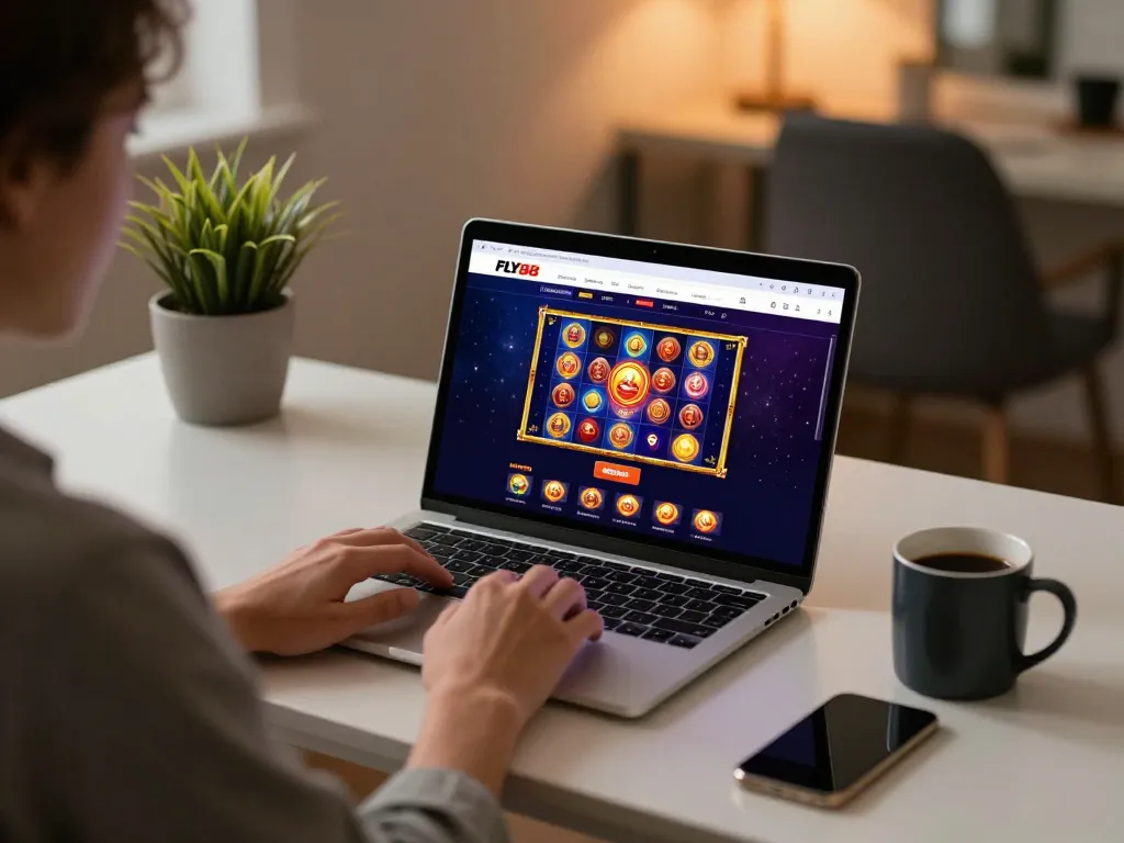 FLY88 online casino gaming setup with a player enjoying vibrant slot games at home