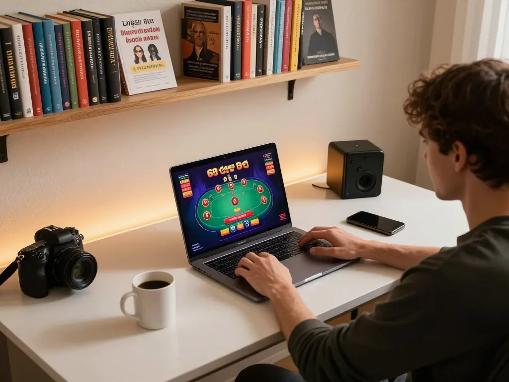 Player enjoying 68gamebaivn on laptop at home desktop, showcasing an engaging online gaming setup
