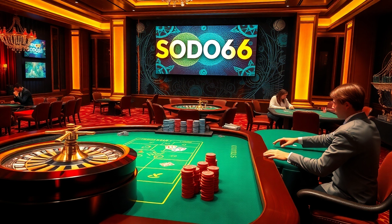 SODO66 players enjoying an exciting poker game in a luxurious casino setting.