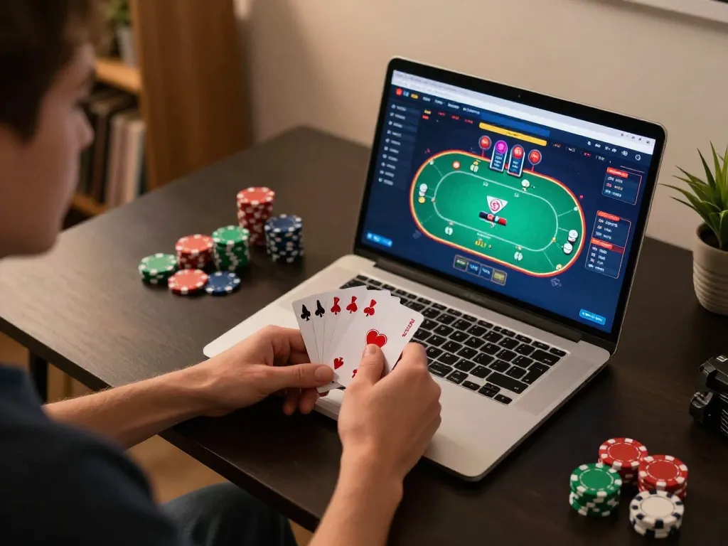 Engaging in live poker gameplay on a laptop while managing bankroll and strategy with the sc88 interface.
