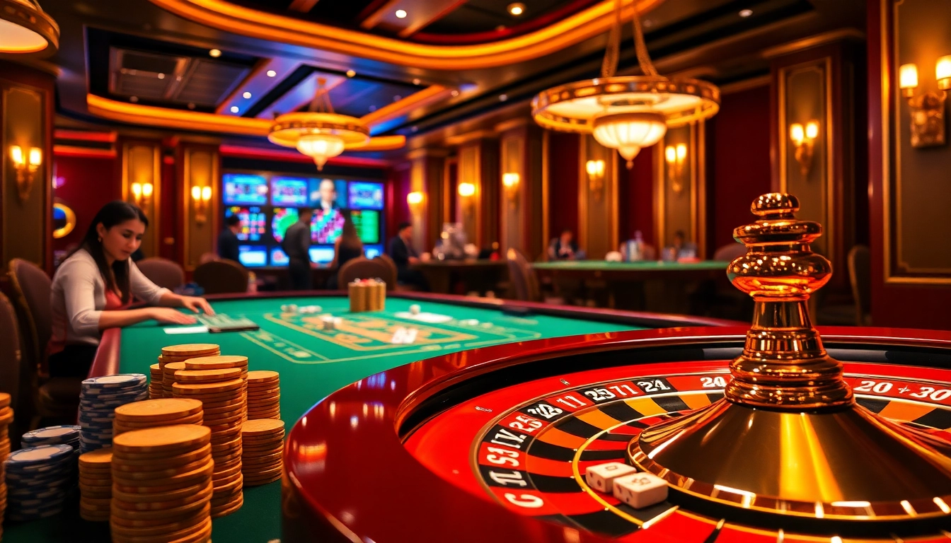 Exciting gaming scene at a casino highlighting poker and roulette, related to https://qq88.social/.
