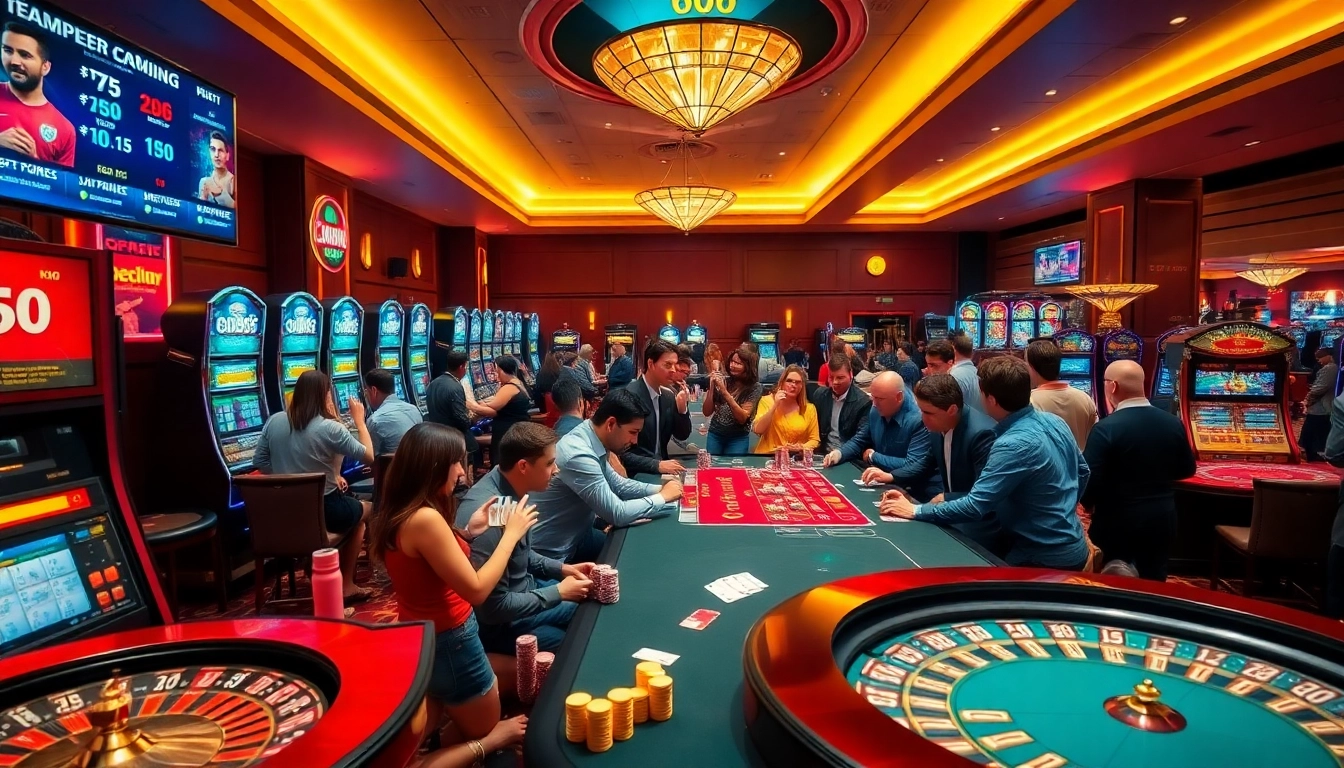 KIM88 casino scene with excited players at poker and slot machines, capturing the thrill of gambling.