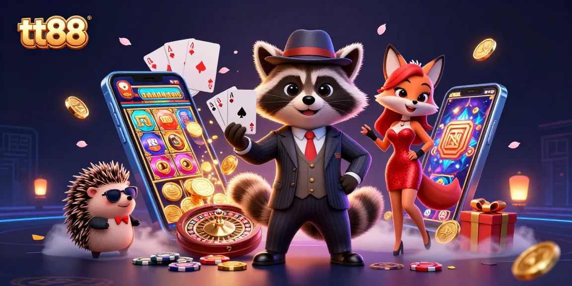 Engage in thrilling slots action with tt88 featuring a raccoon, fox, and hedgehog in a vibrant casino scene.