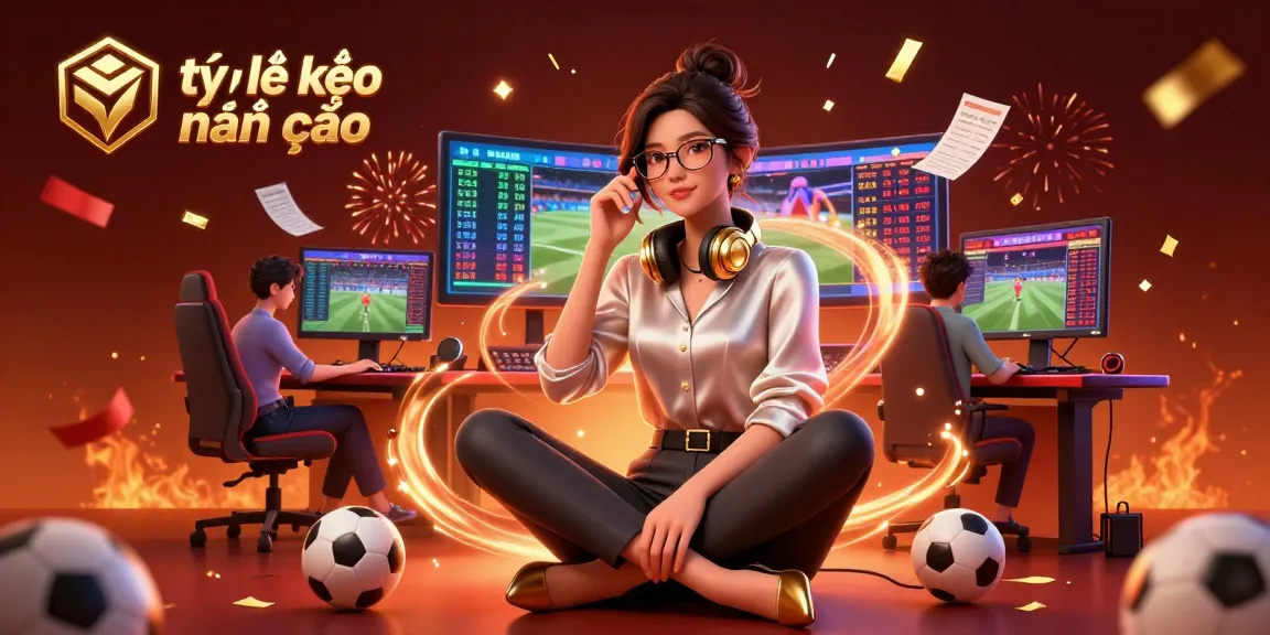 Engaging scene showcasing tỷ lệ kèo nhà cái with an Asian woman at a high-tech sports betting setup, feeling the excitement.