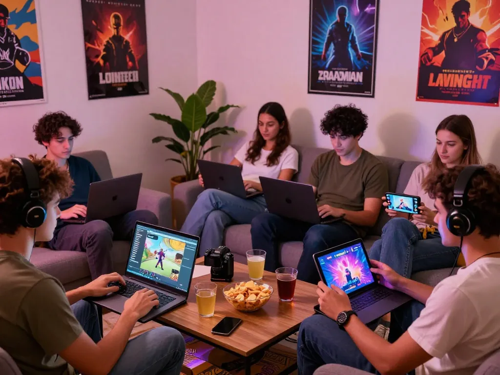 Engaged gamers playing porn games on multiple devices in a cozy setting.