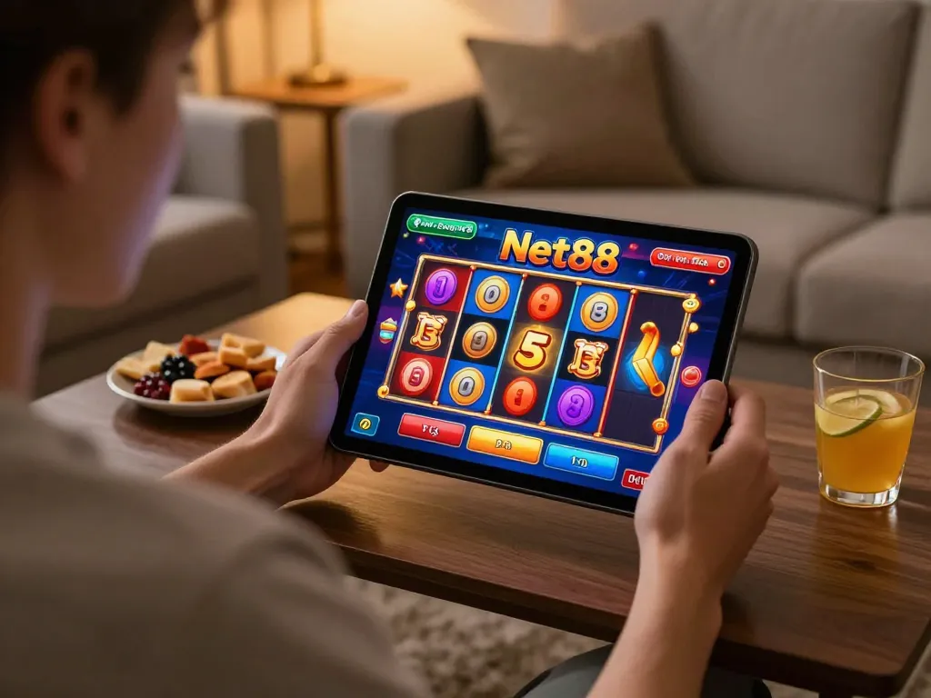 Player enjoys online casino experience on net88 while engaging with vibrant slot games at home.