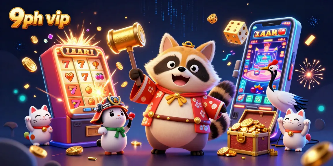 Engage with 9ph vip in a vibrant 3D illustration of luck and winning, featuring cheerful tanuki and lucky symbols.