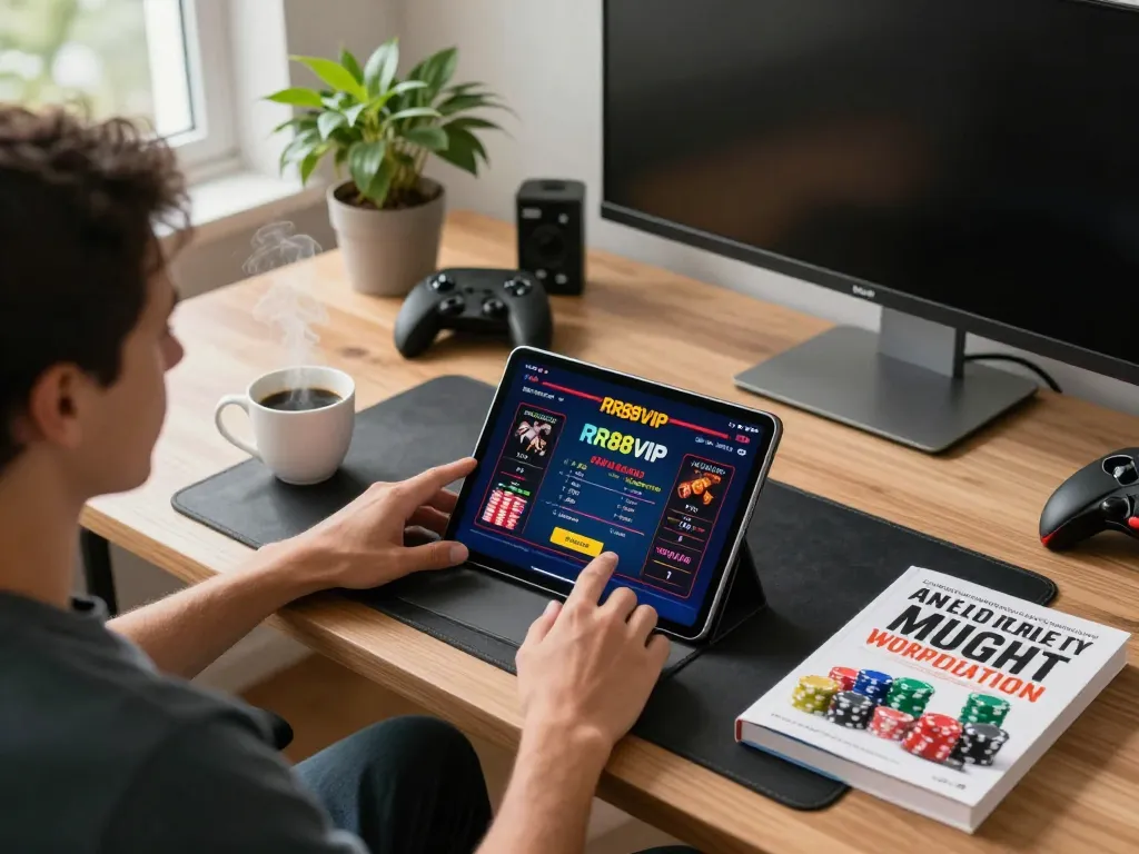 Player engaged in live poker on RR88VIP app, showcasing a cozy gaming setup in a modern home.