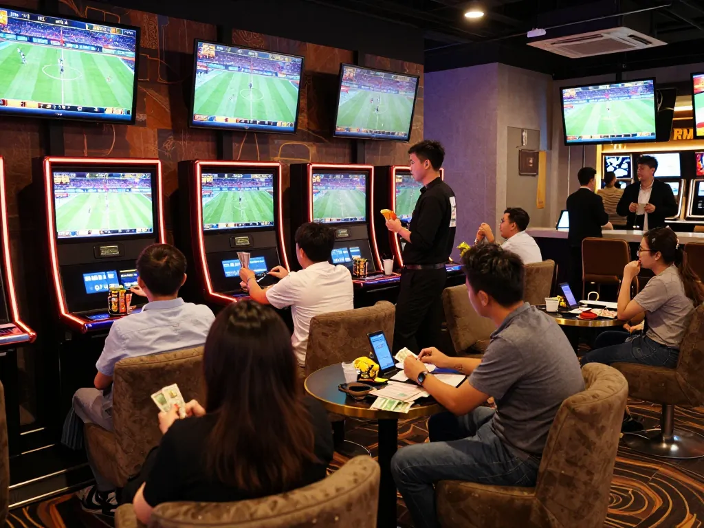 Excited patrons placing bets at a lively sports betting lounge in casino, showcasing hm888's energetic atmosphere.