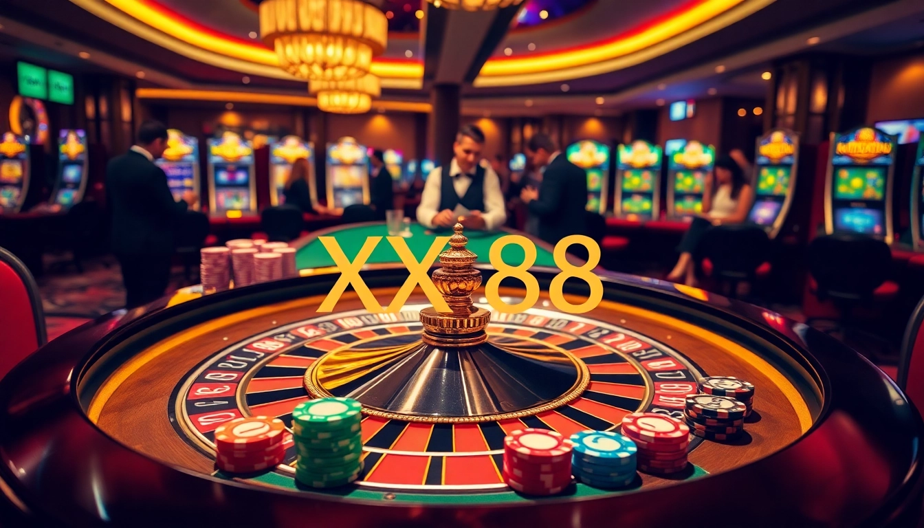 Gambling excitement at XX 88 Casino with roulette, poker chips, and players engaged in action.