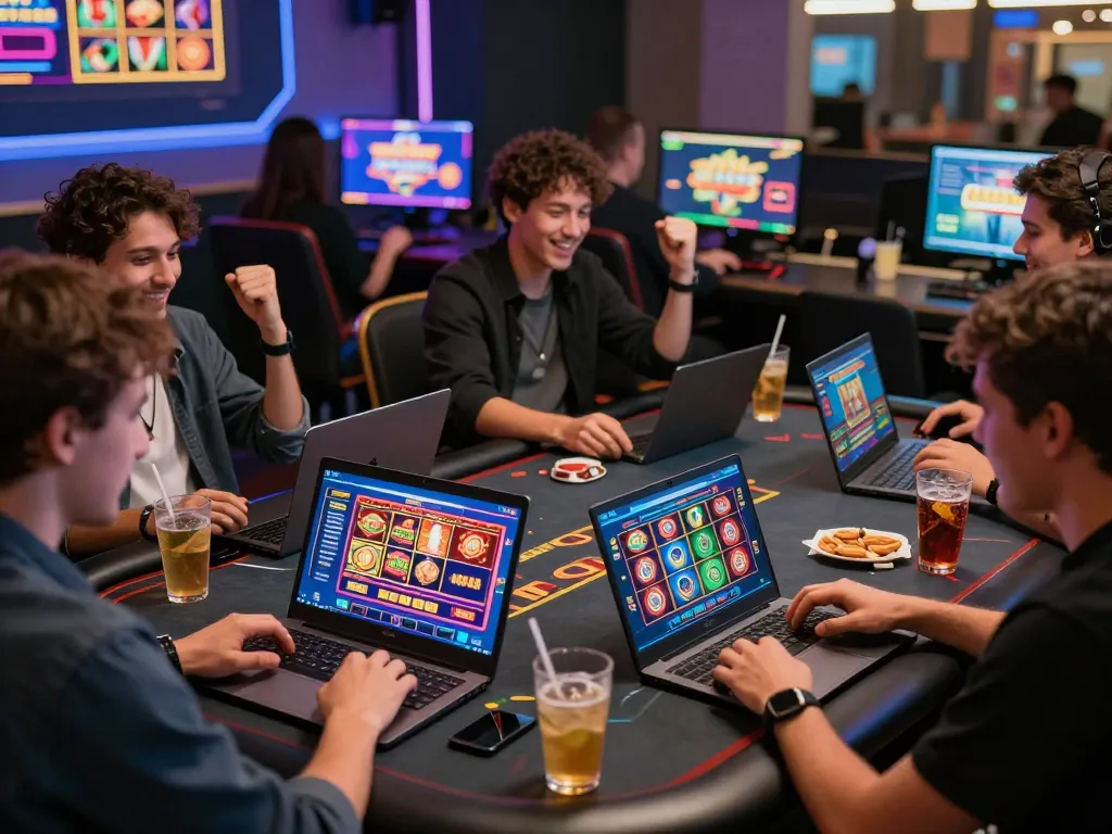 GO8 CHÍNH THƯC online casino scene with excited players engaging in various games, creating a vibrant atmosphere.