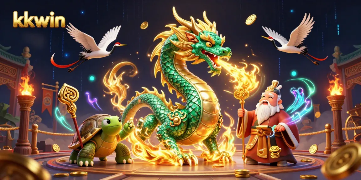 Experience kkwin's thrilling casino adventures with a jade dragon, turtle sage, and lucky cranes.