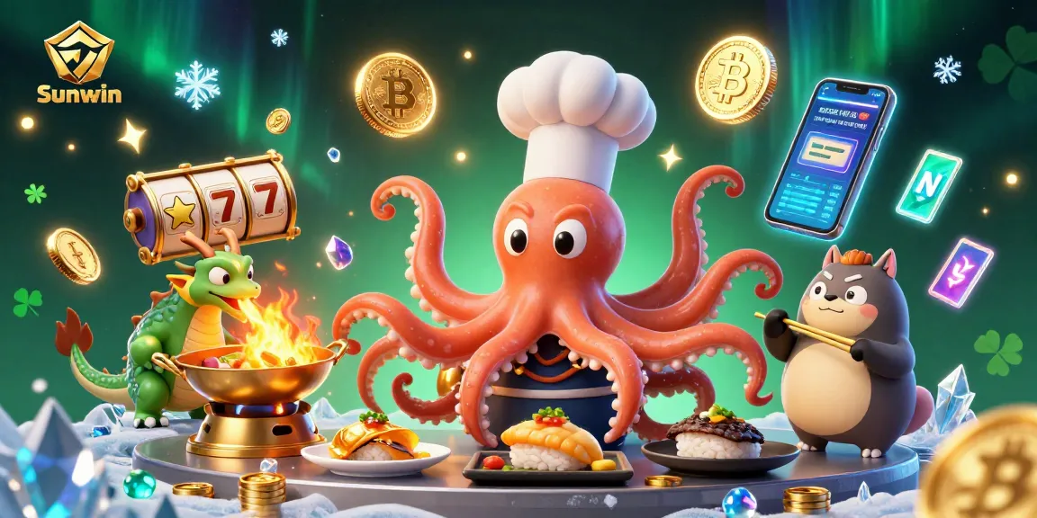 Sunwin brings excitement as the cartoon octopus chef prepares winning dishes amidst vibrant slot symbols.