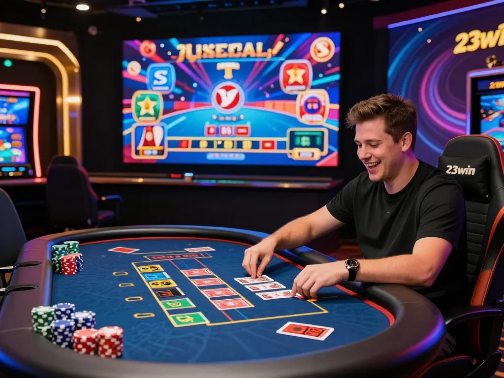 Engaged player at 23win online casino table, enjoying vibrant gaming experience.