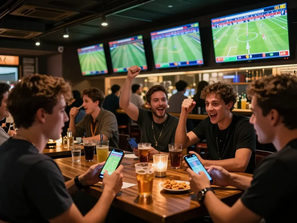Fans enjoying live football betting excitement at a bar while placing wagers on their smartphones.