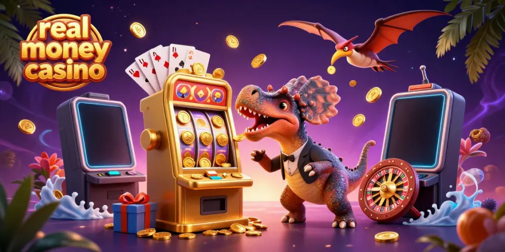 Enjoy a playful scene of a real money casino featuring a dinosaur jackpot win, lively characters, and dynamic game elements.