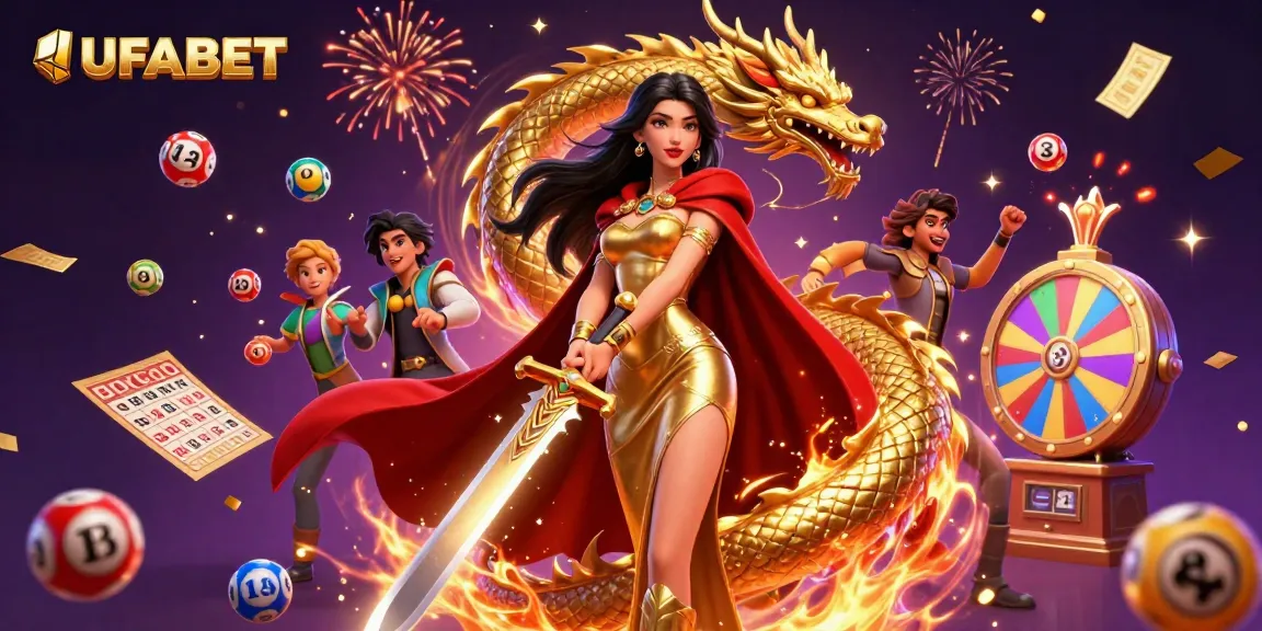 Experience thrill at UFABET with a photorealistic warrior queen and golden dragon amidst vibrant gaming elements.