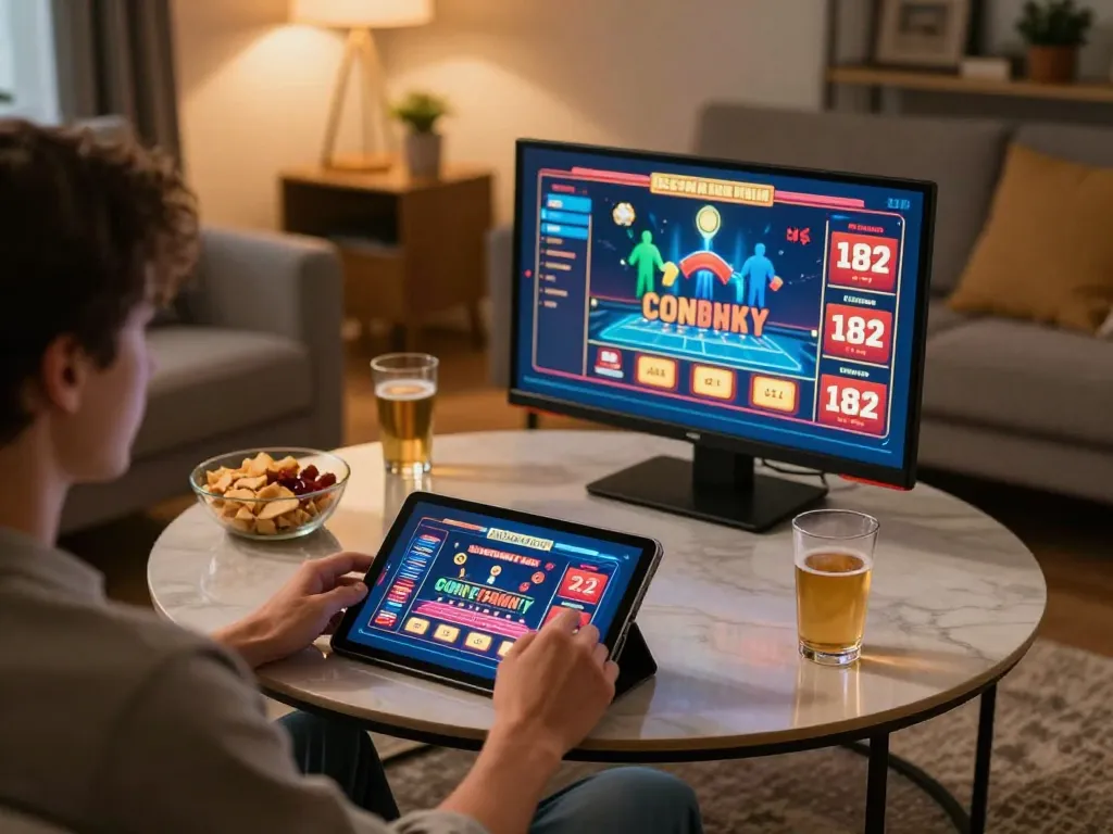 Player engaging in online gaming at home with 78WIN app on tablet, showcasing exciting casino gameplay.