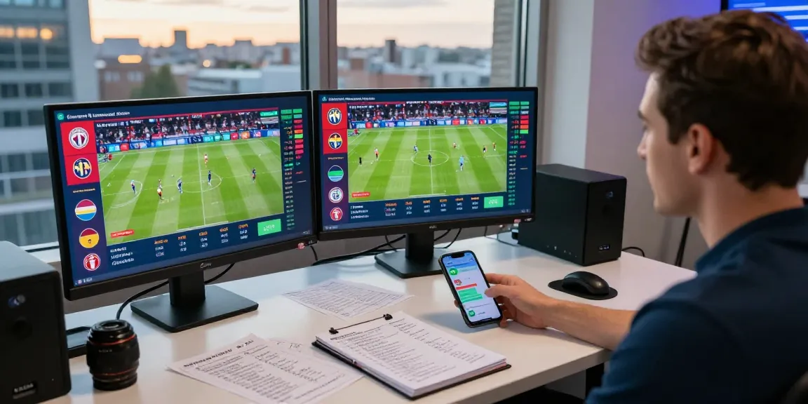 Analyst reviewing tỷ lệ kèo nhà cái 5 with screens displaying live betting odds and sports data.